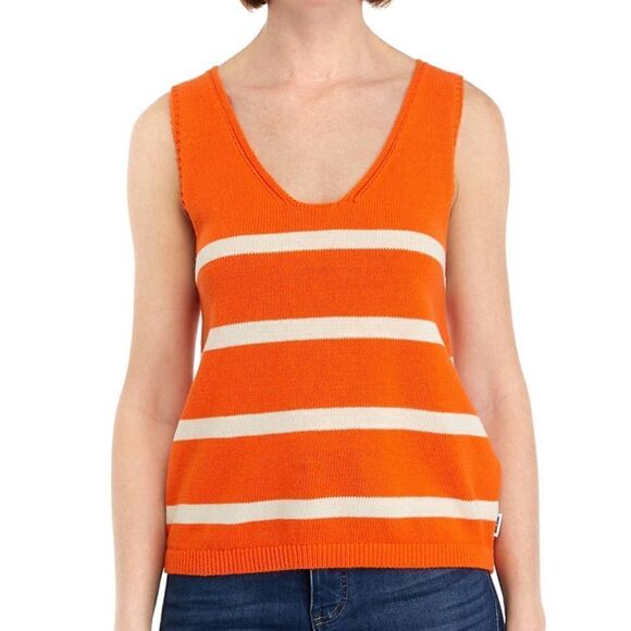 DKNY 100% cotton oversized Orange with white striped sweater tank top- NWOT-  XS - Picture 1 of 11